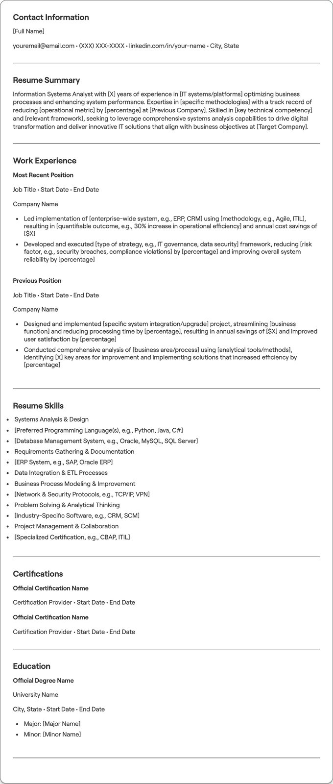 Information Systems Analyst resume example