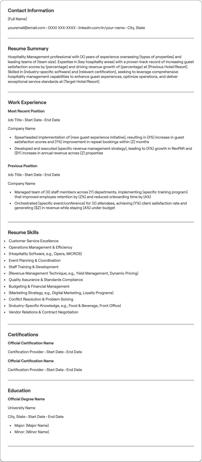 Hospitality Management resume example
