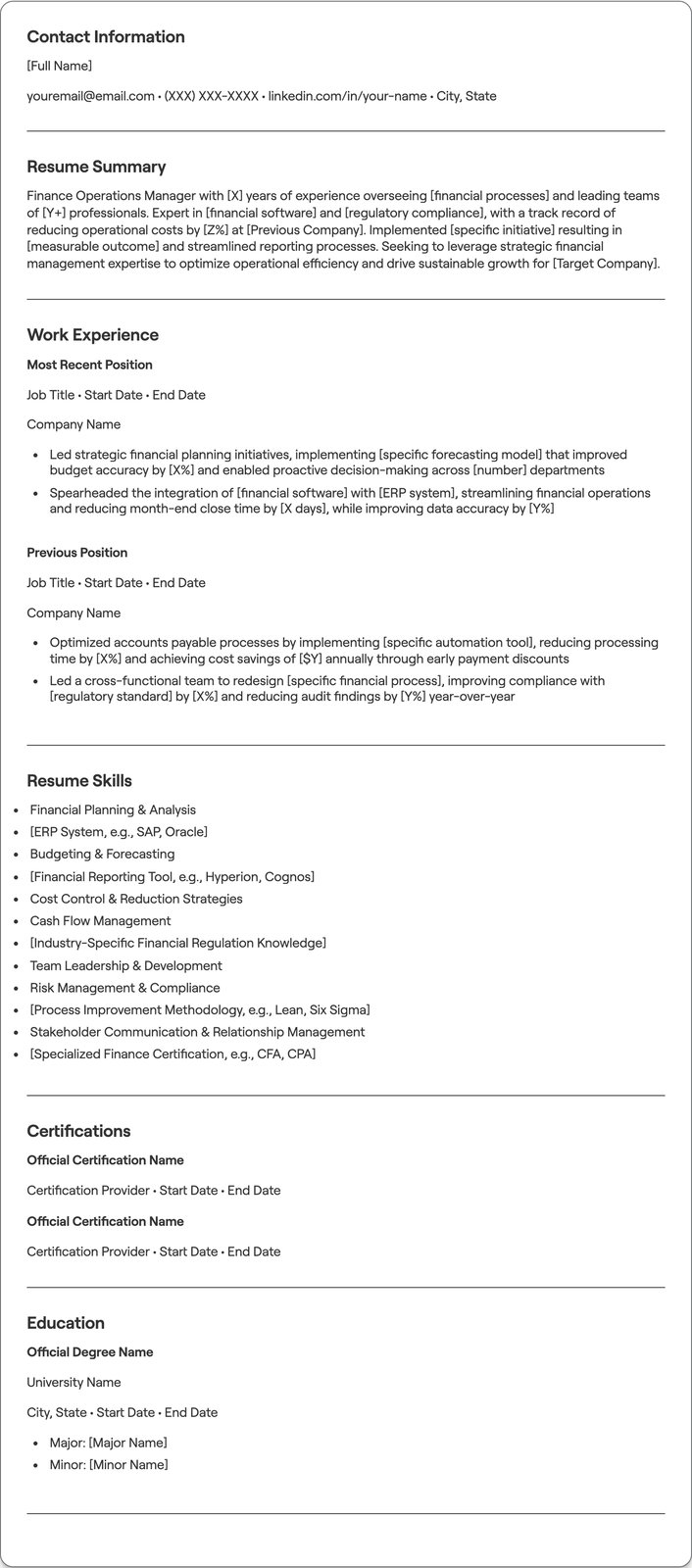 Finance Operations Manager resume example