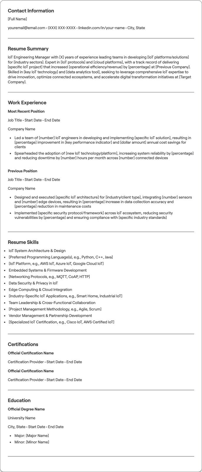 IoT Engineering Manager resume example