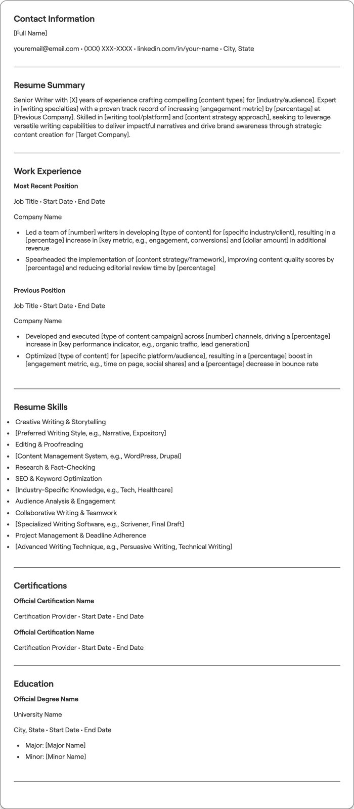 Senior Writer resume example