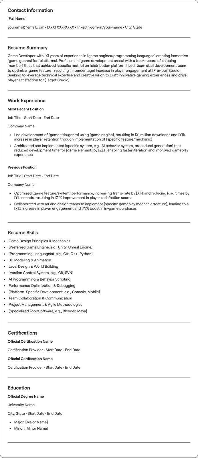 Game Developer resume example
