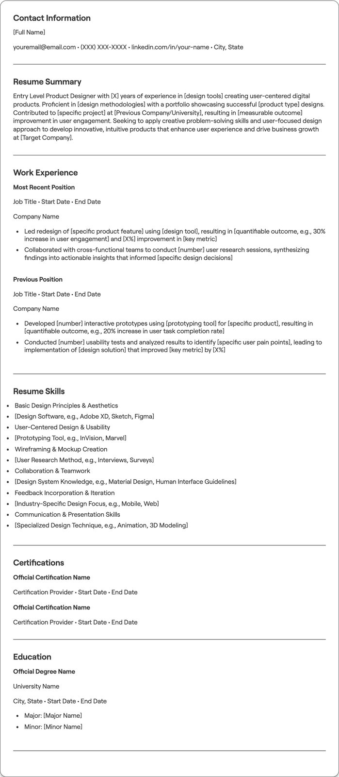 Entry Level Product Designer resume example