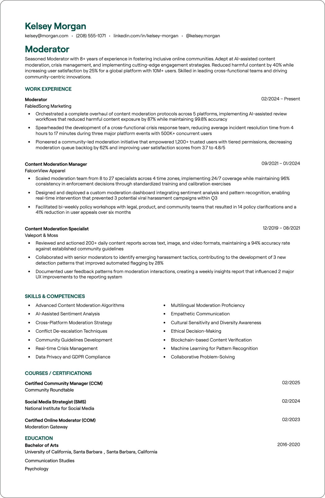 Moderator resume example