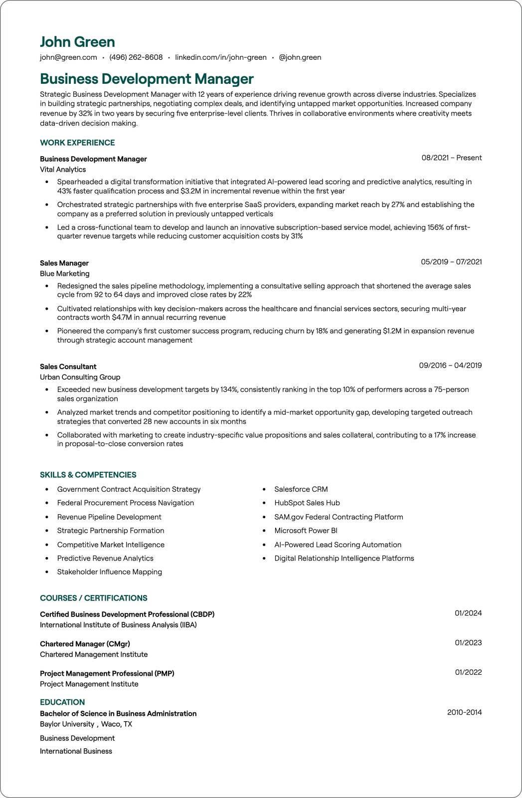 Business Development Manager resume example