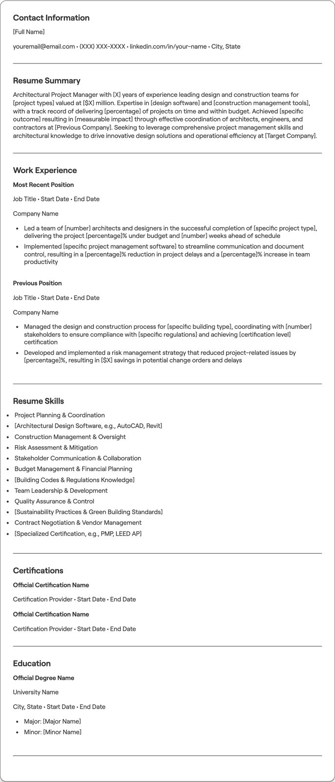 Architectural Project Manager resume example