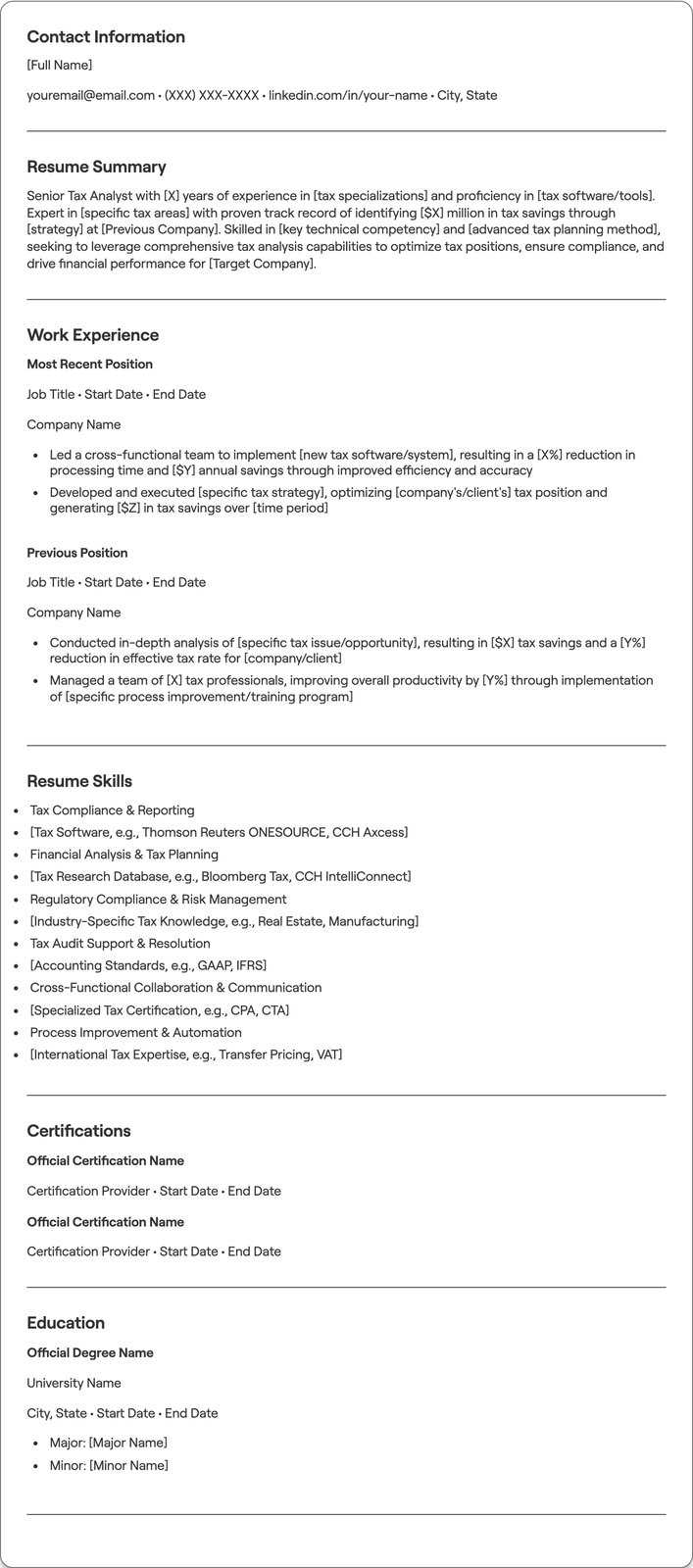 Senior Tax Analyst resume example