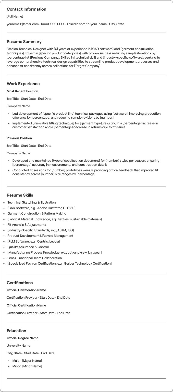 Fashion Technical Designer resume example