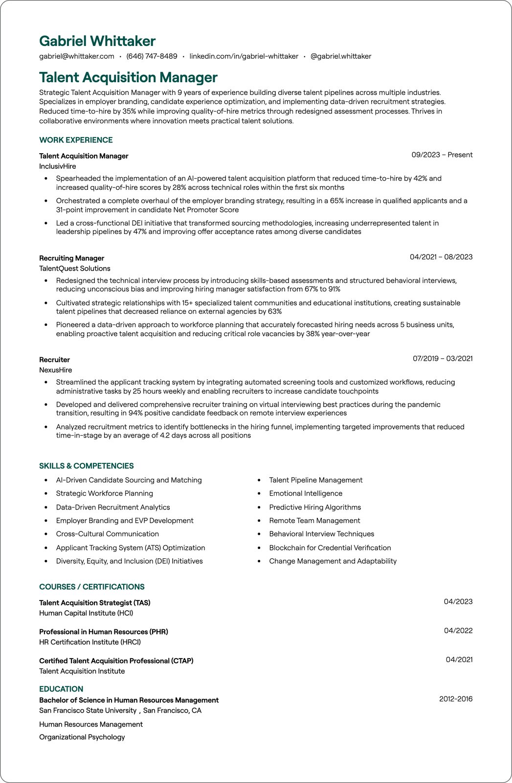 Senior Talent Acquisition Manager resume example