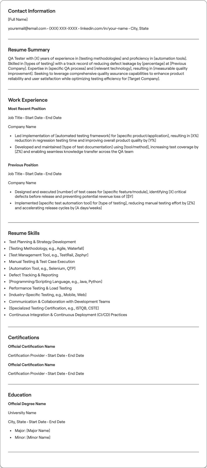 QA Tester resume example
