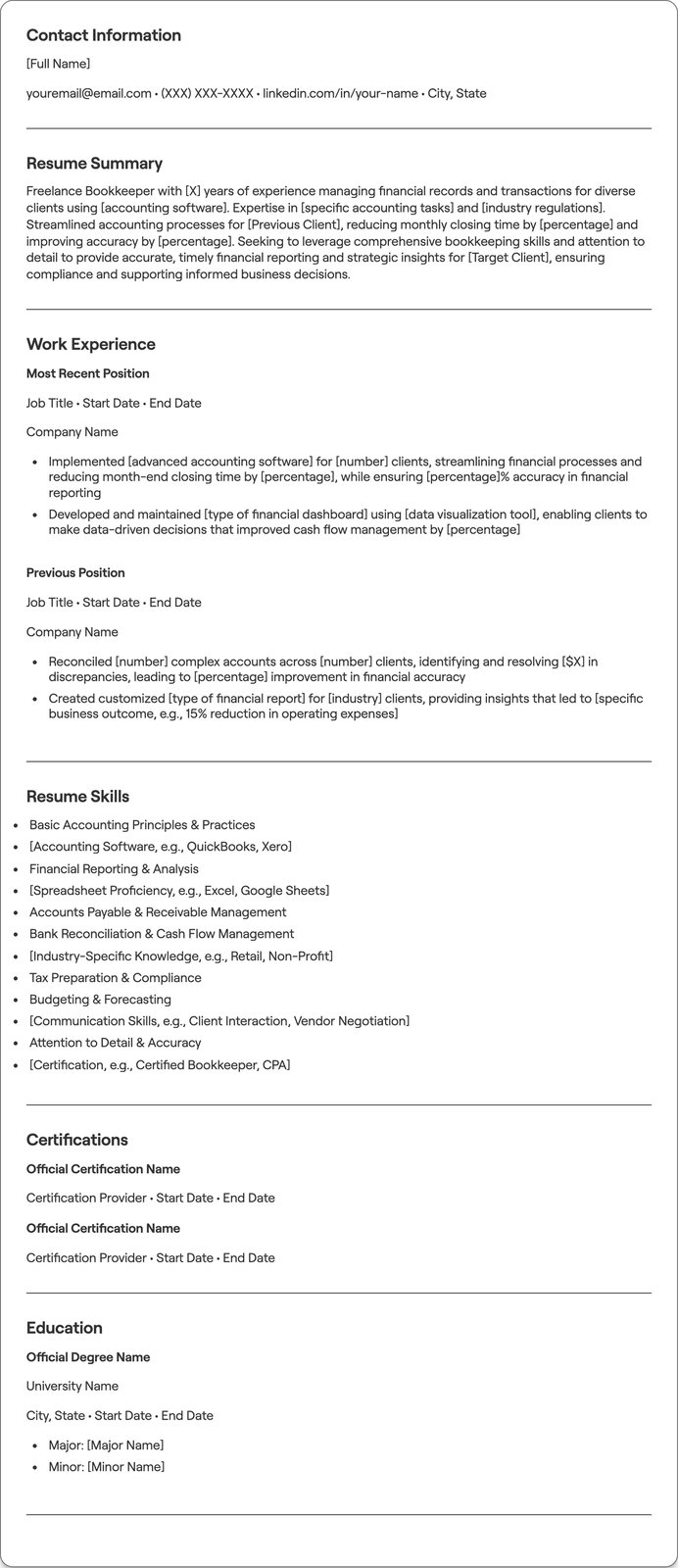 Freelance Bookkeeper resume example