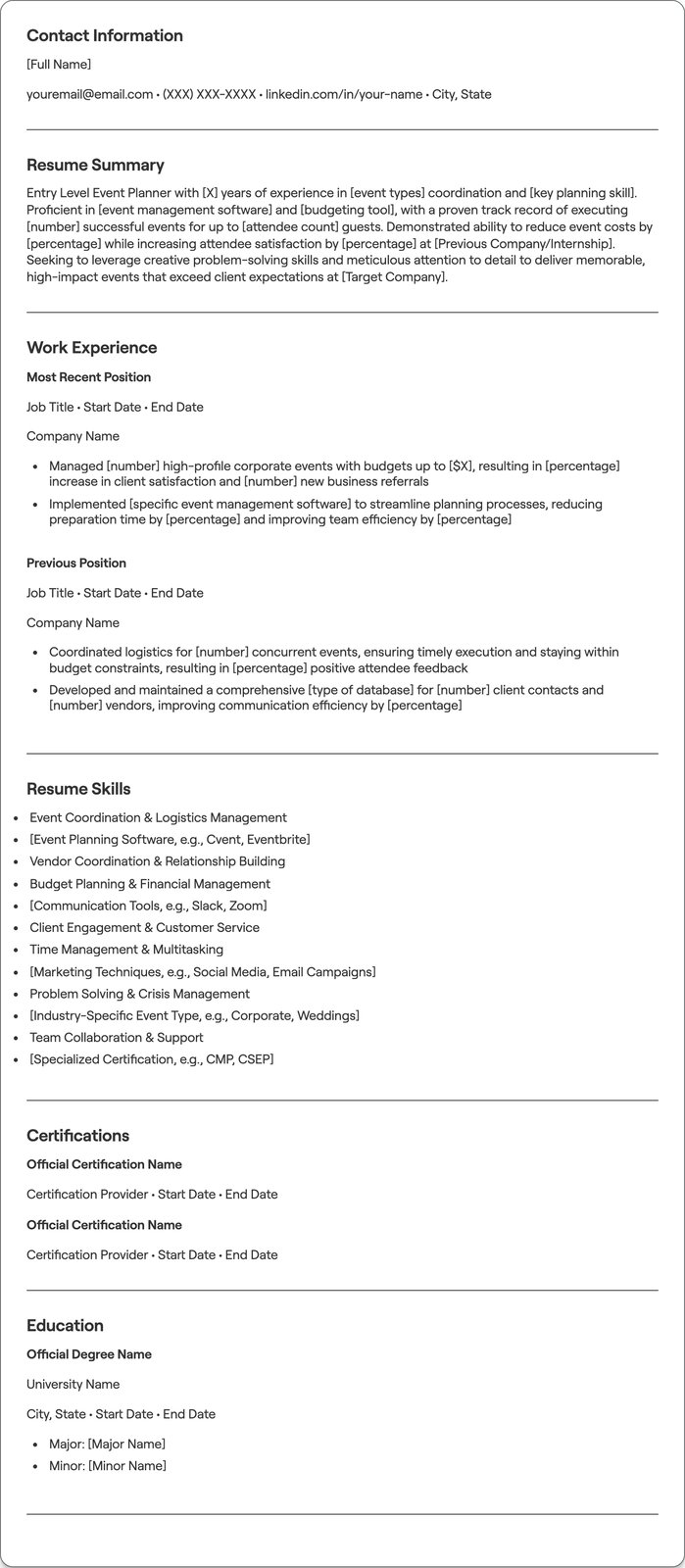 Entry Level Event Planner resume example