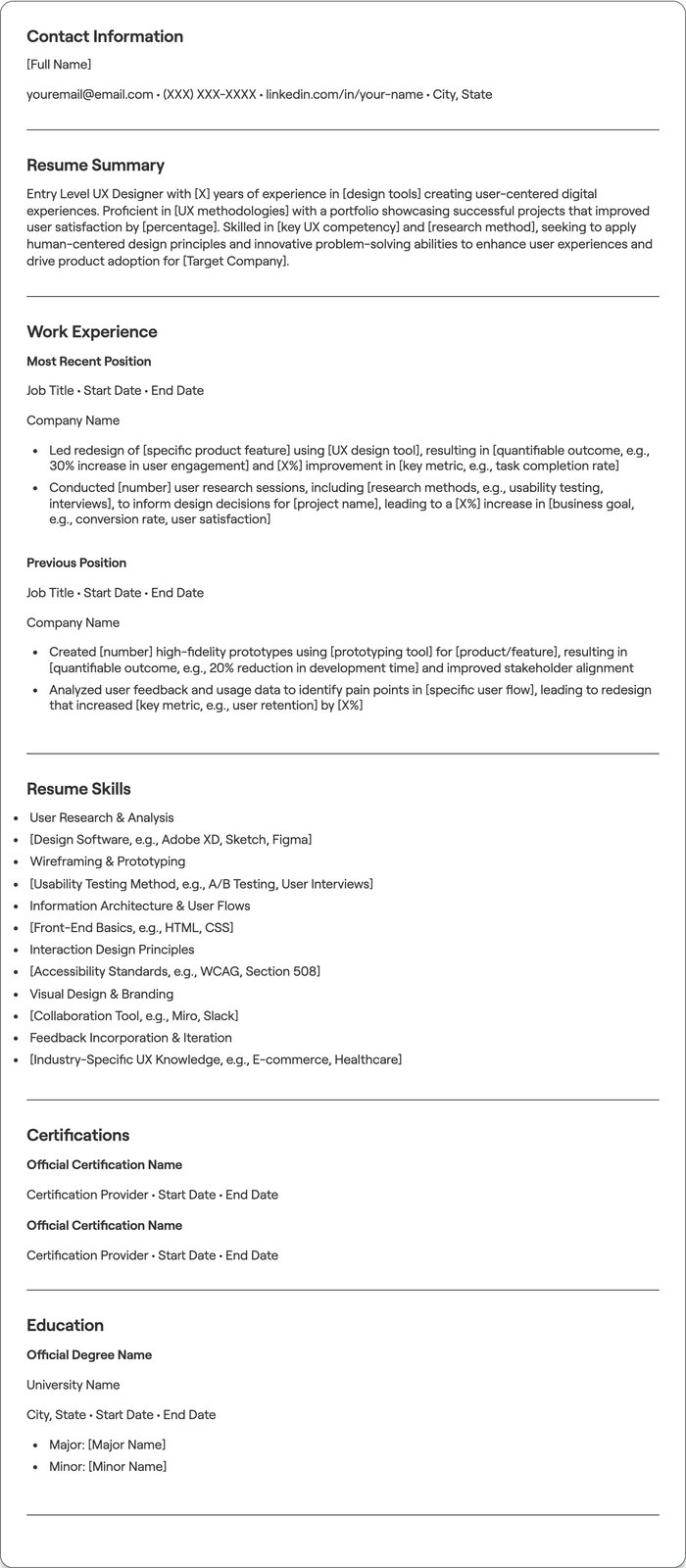 Entry Level UX Designer resume example