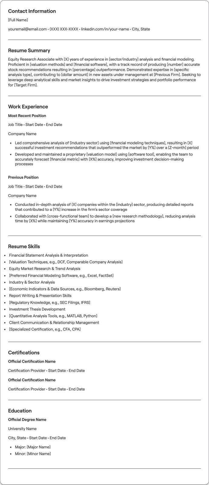 Equity Research Associate resume example