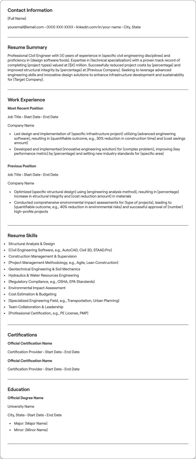 Professional Civil Engineer resume example