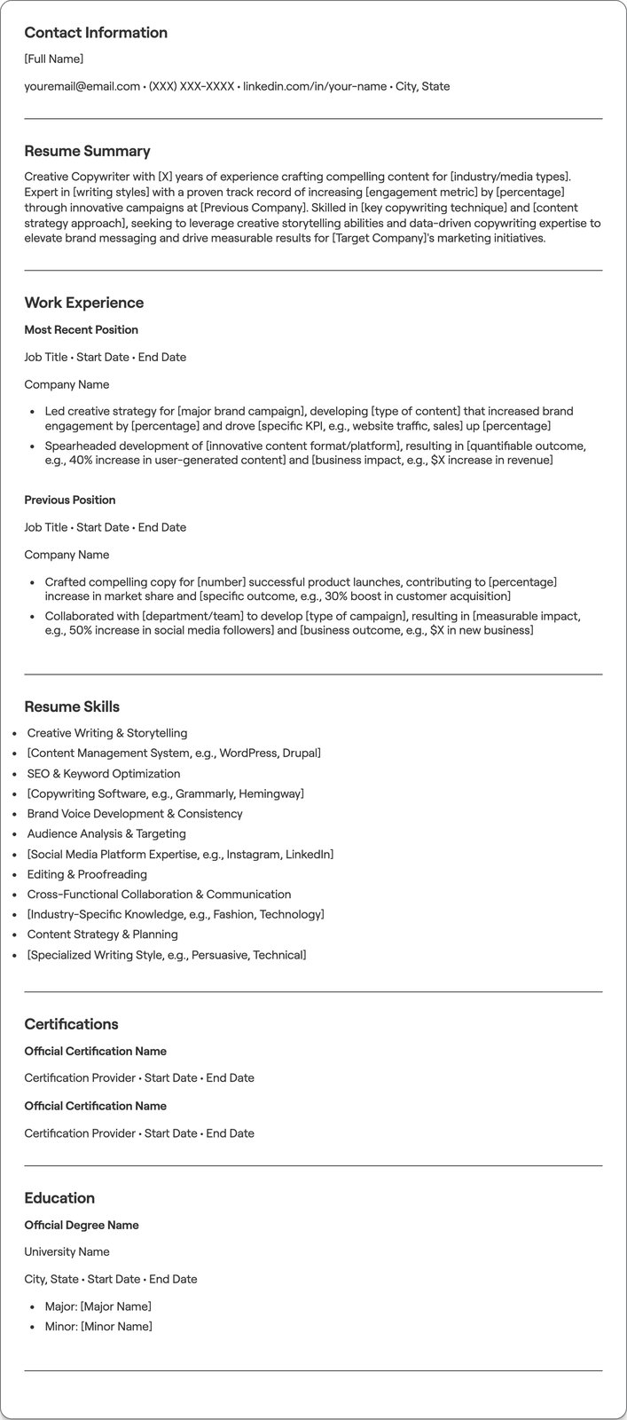 Creative Copywriter resume example