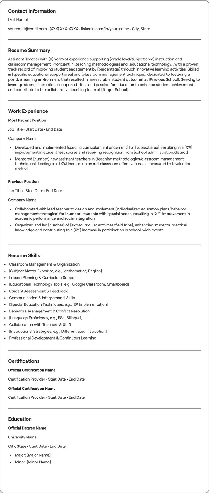 Assistant Teacher resume example