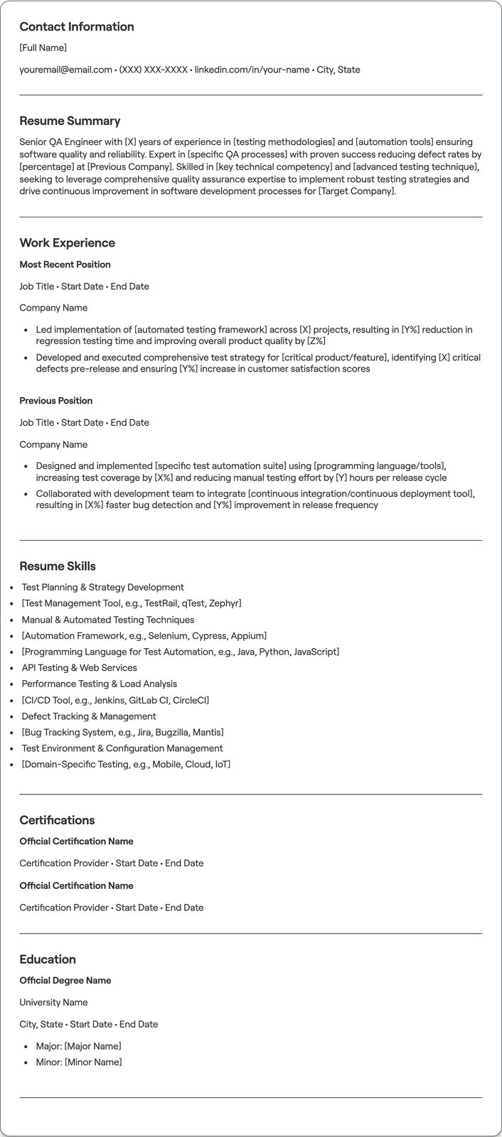 Senior QA Engineer resume example