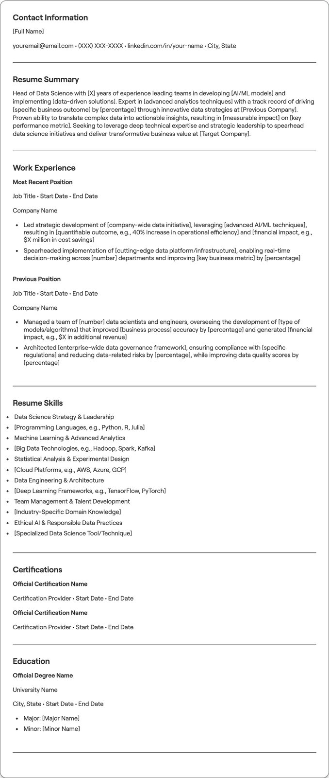 Head of Data Science resume example