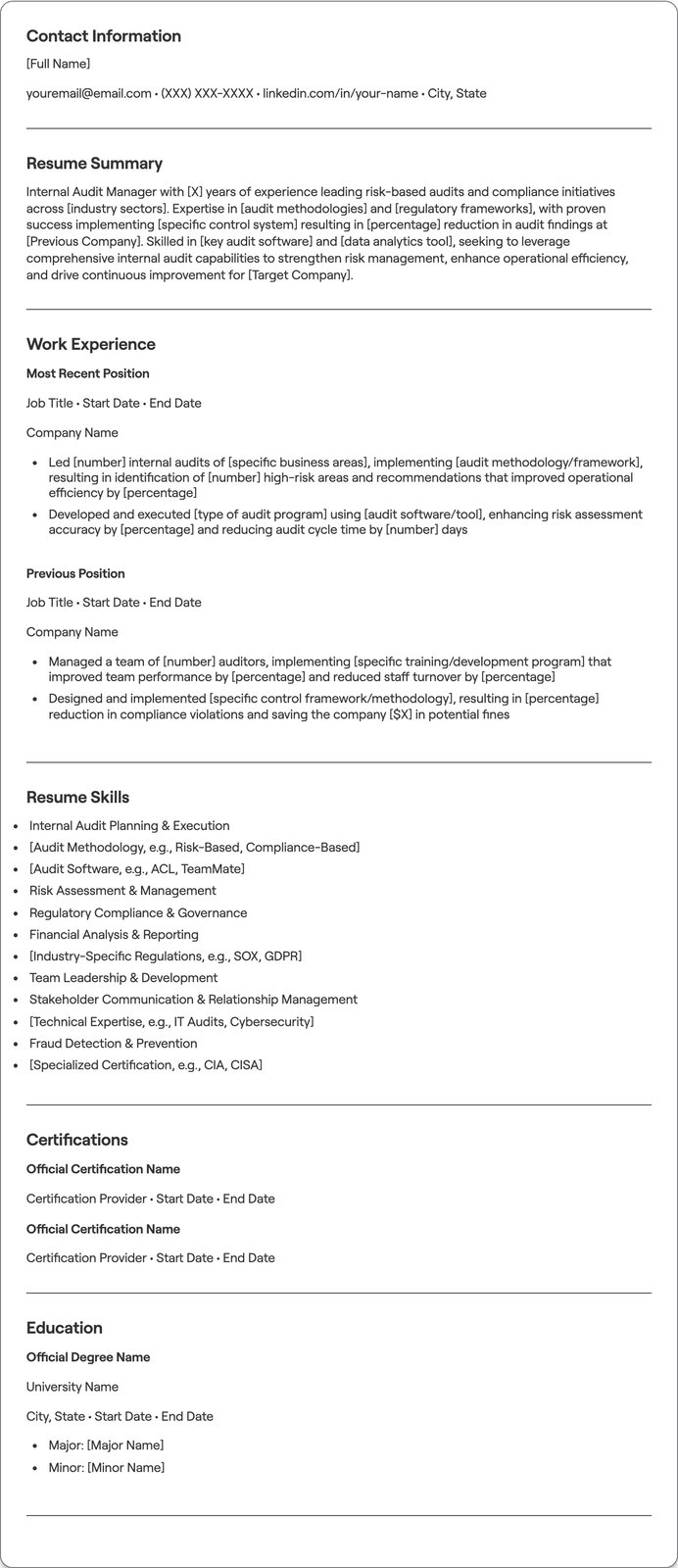 Internal Audit Manager resume example