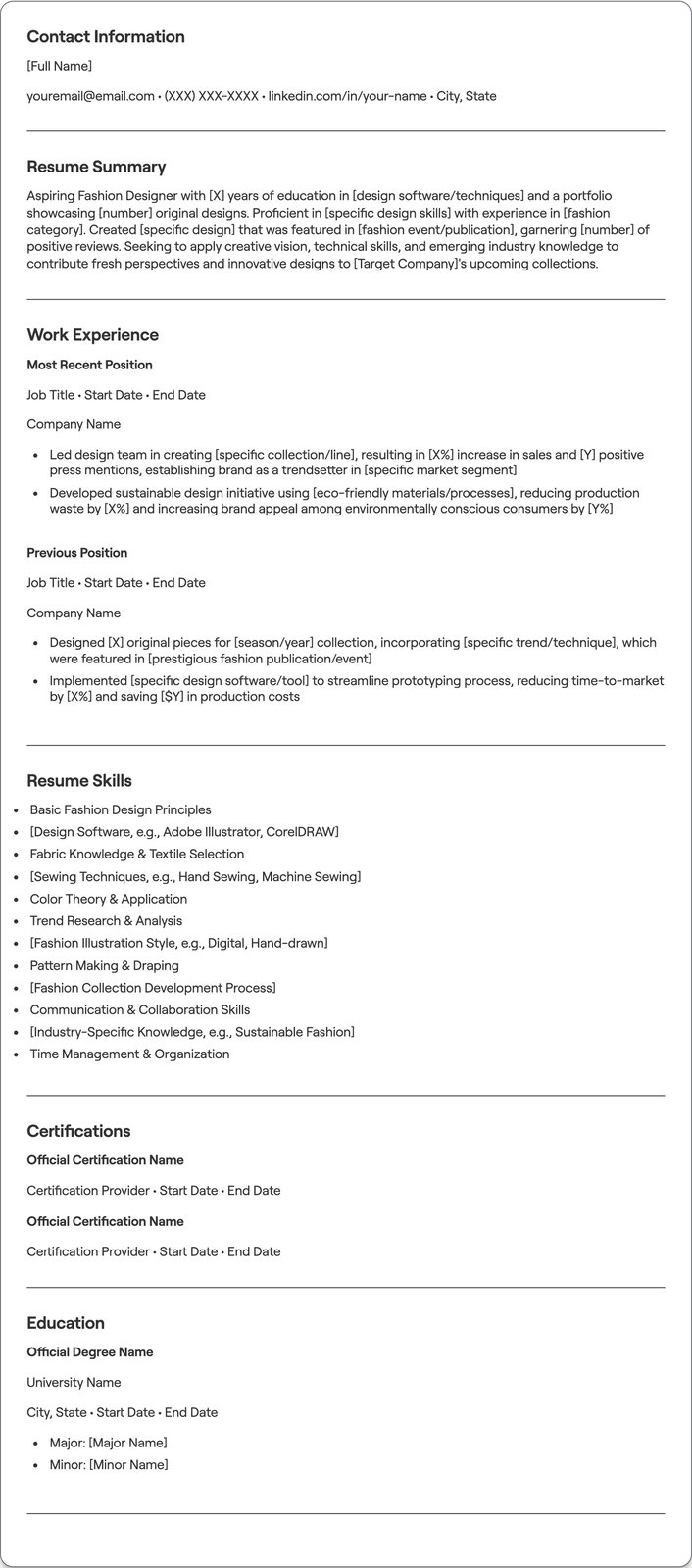 Beginner Fashion Designer resume example