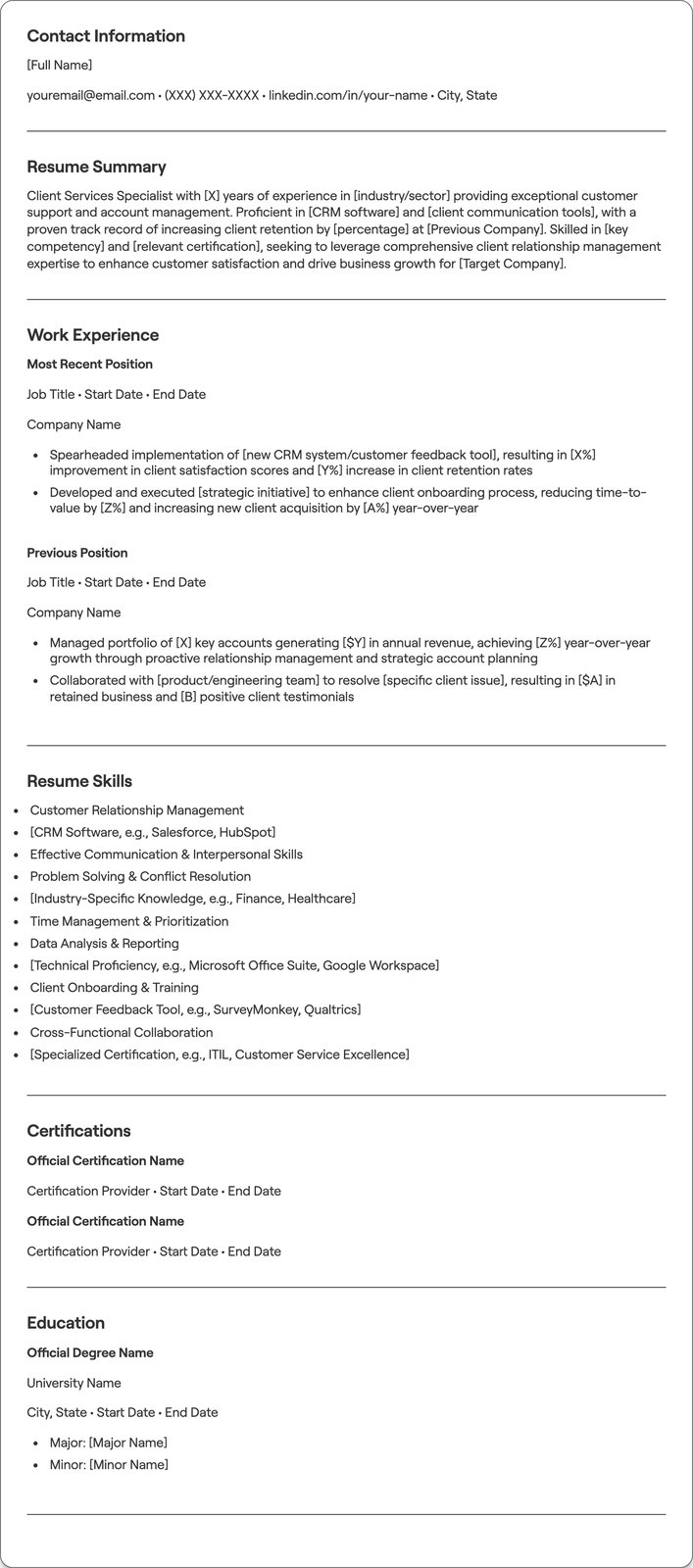 Client Services Specialist resume example