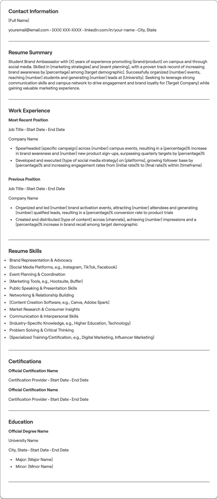 Student Brand Ambassador resume example
