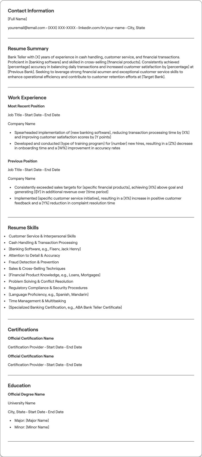 Bank Teller resume example