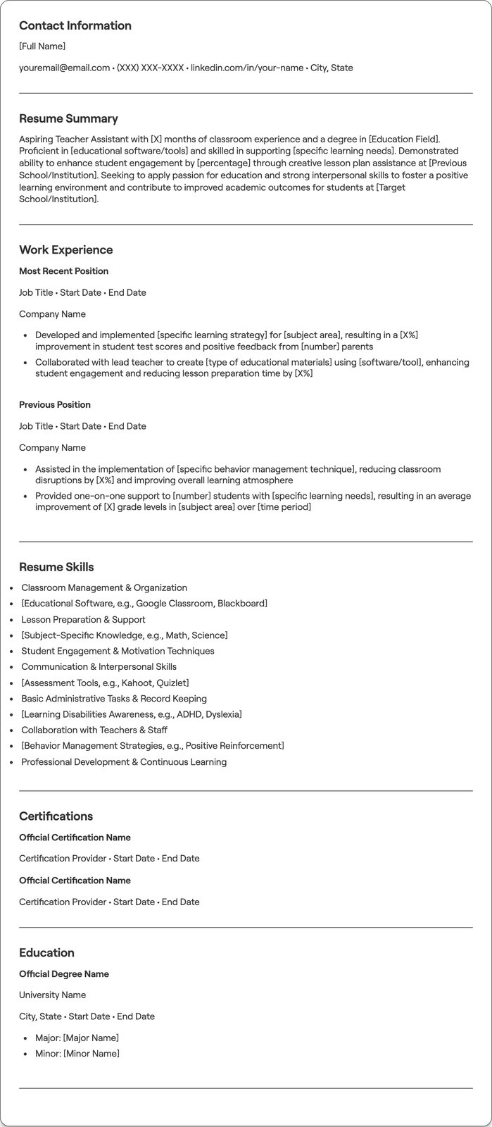 Beginner Teacher Assistant resume example