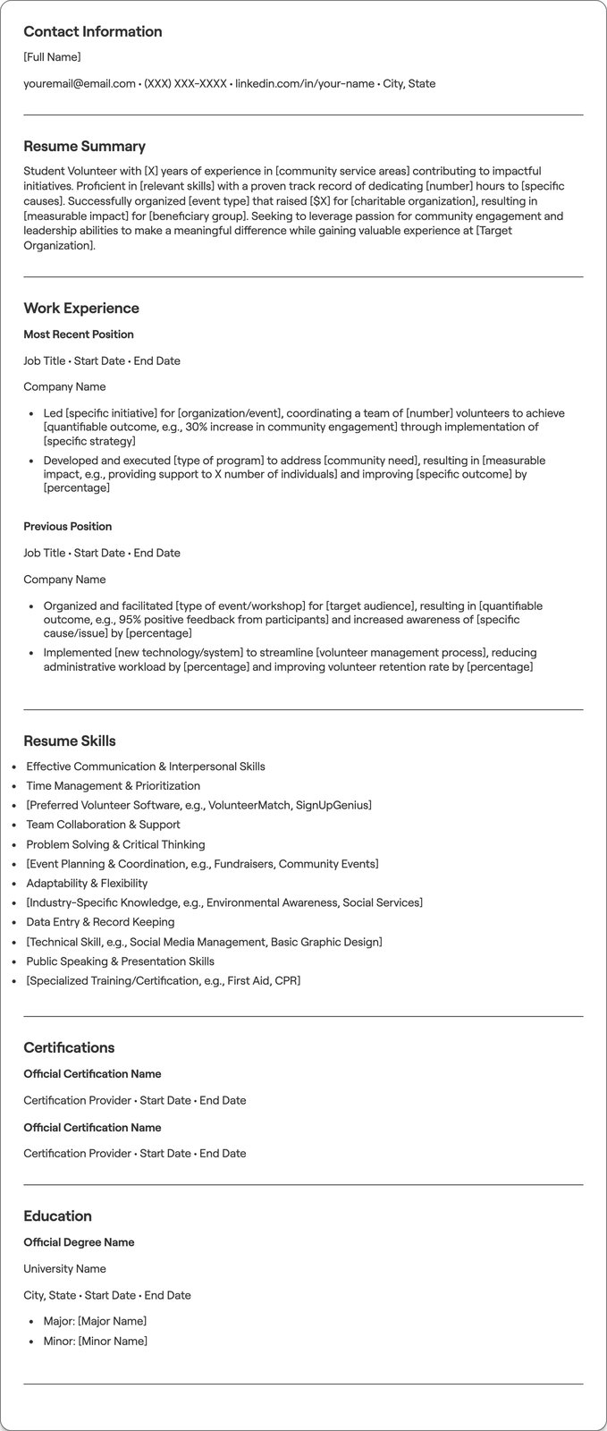 Student Volunteer resume example