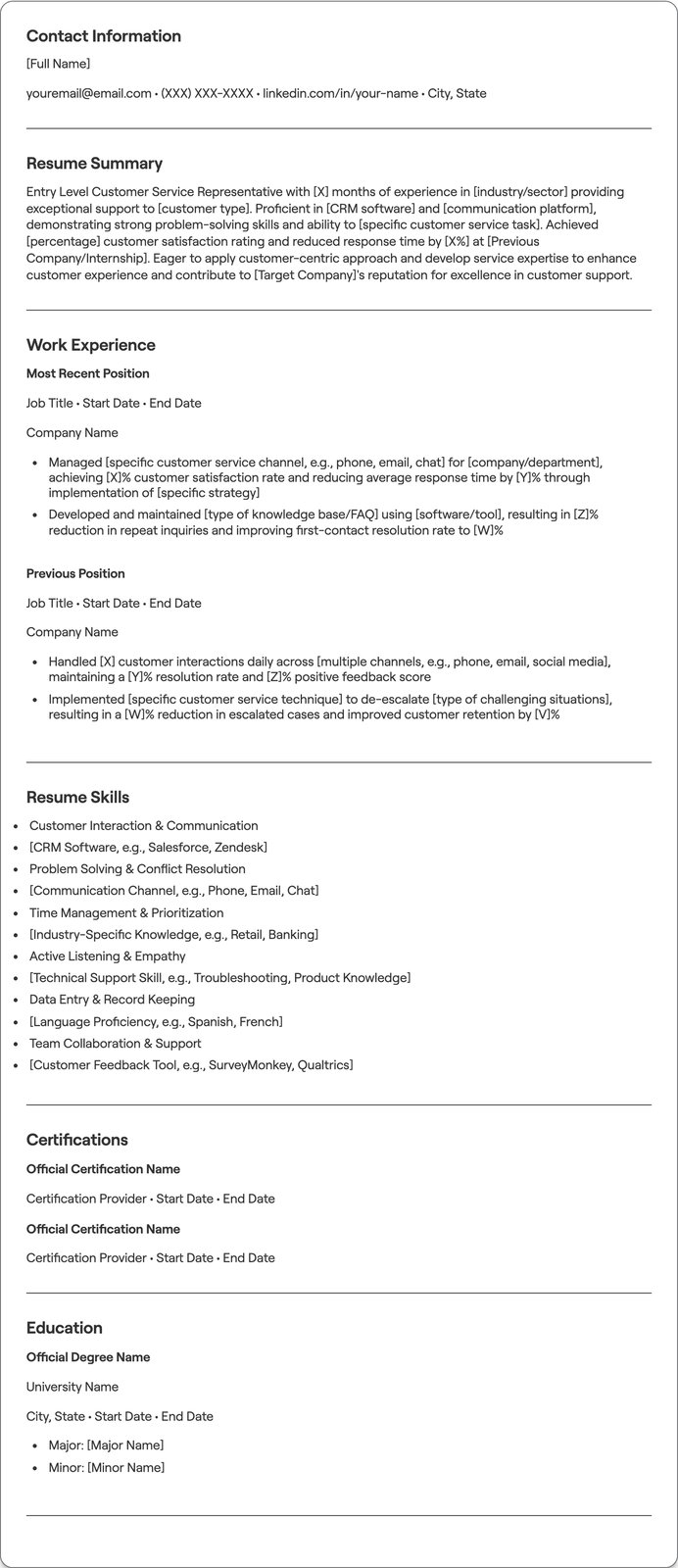 Entry Level Customer Service resume example