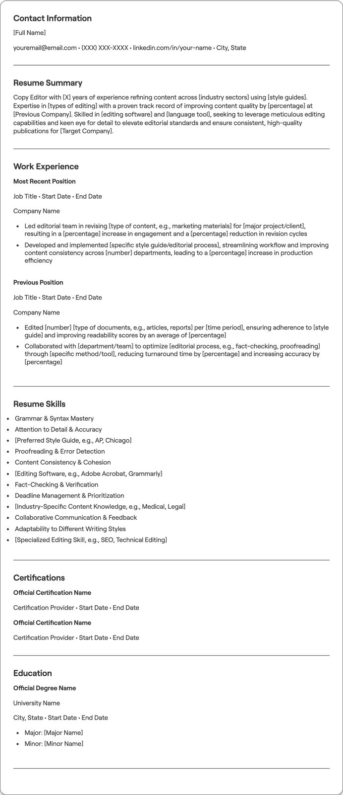 Copy Editor resume example
