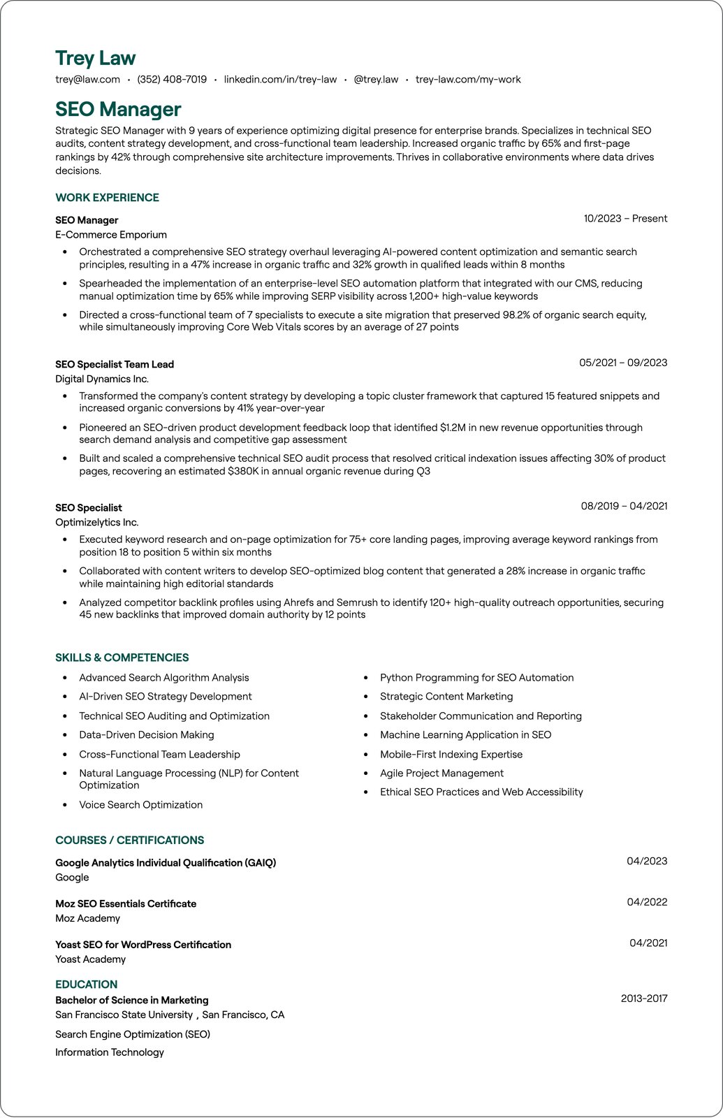 SEO Project Manager resume example