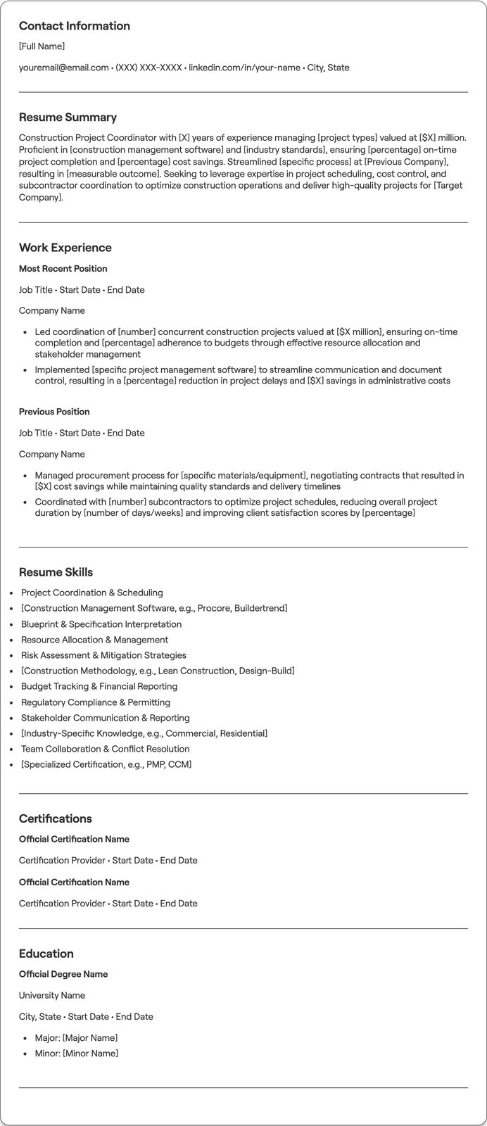 Construction Project Coordinator resume example
