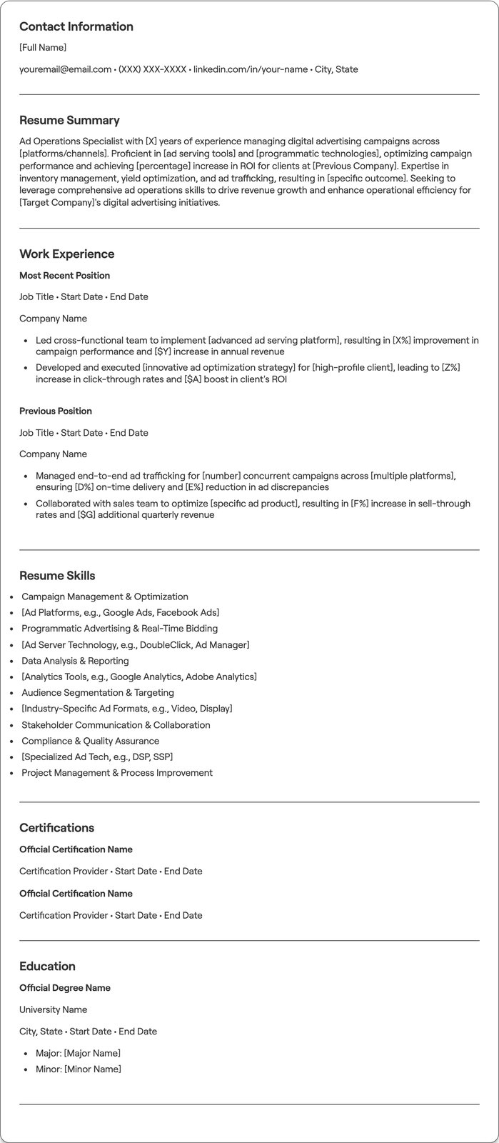 Ad Operations Specialist resume example
