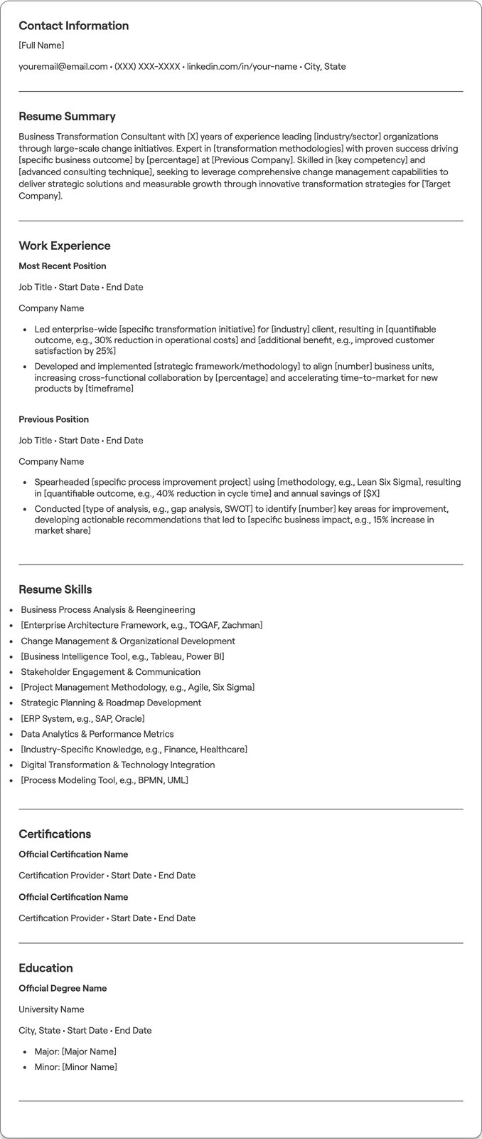 Business Transformation Consultant resume example