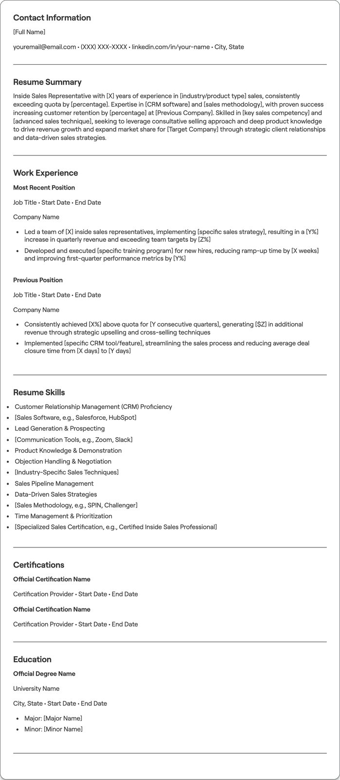 Inside Sales resume example
