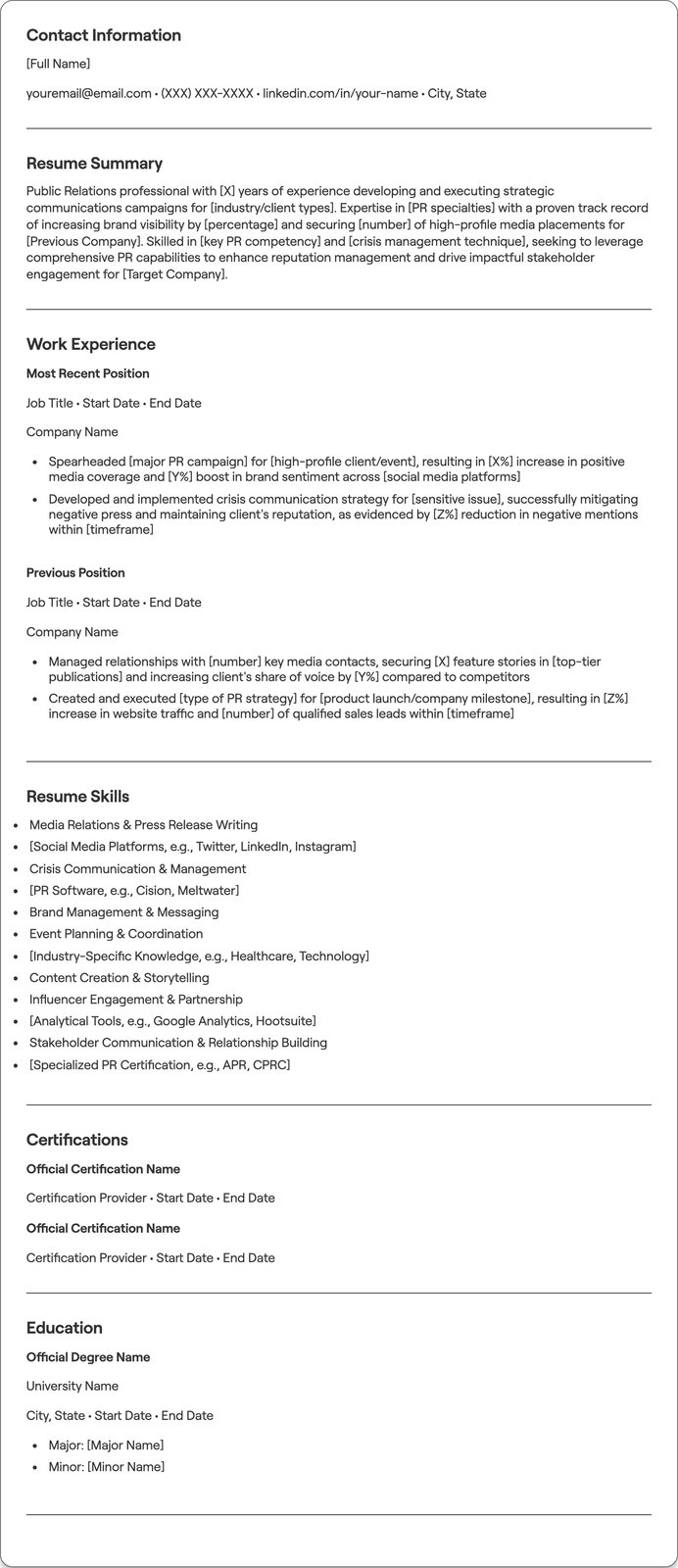 Public Relations resume example