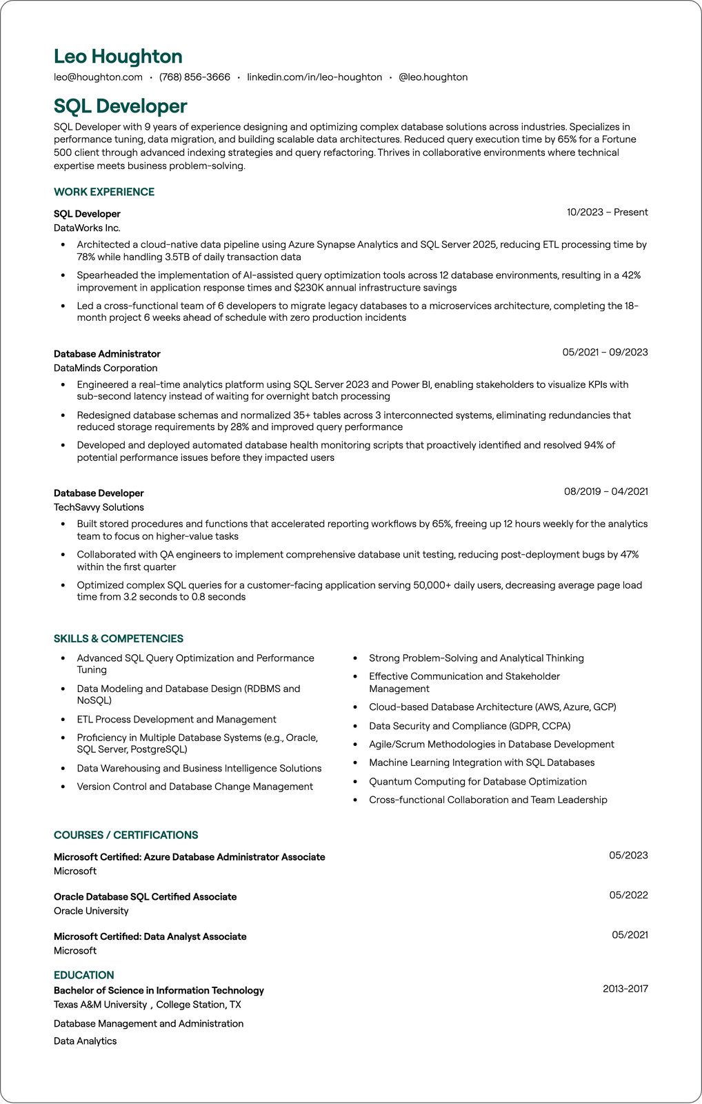 Senior SQL Developer resume example