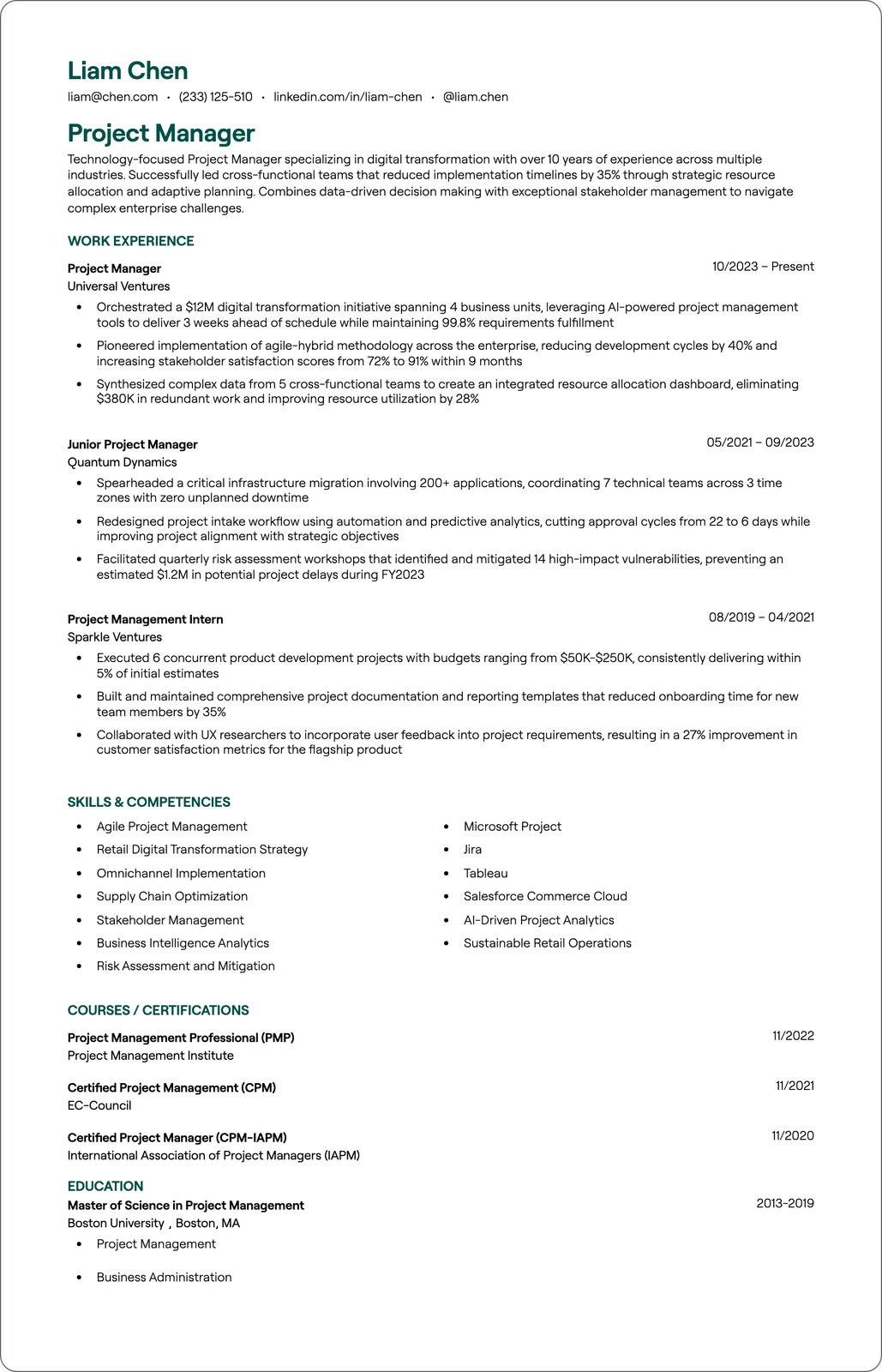 Global Project Manager resume example