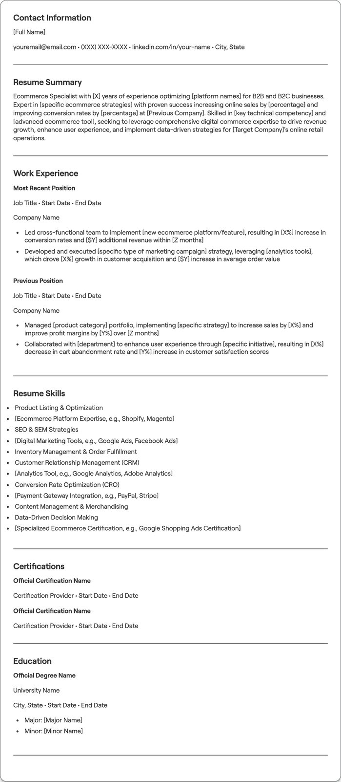 Ecommerce Specialist resume example