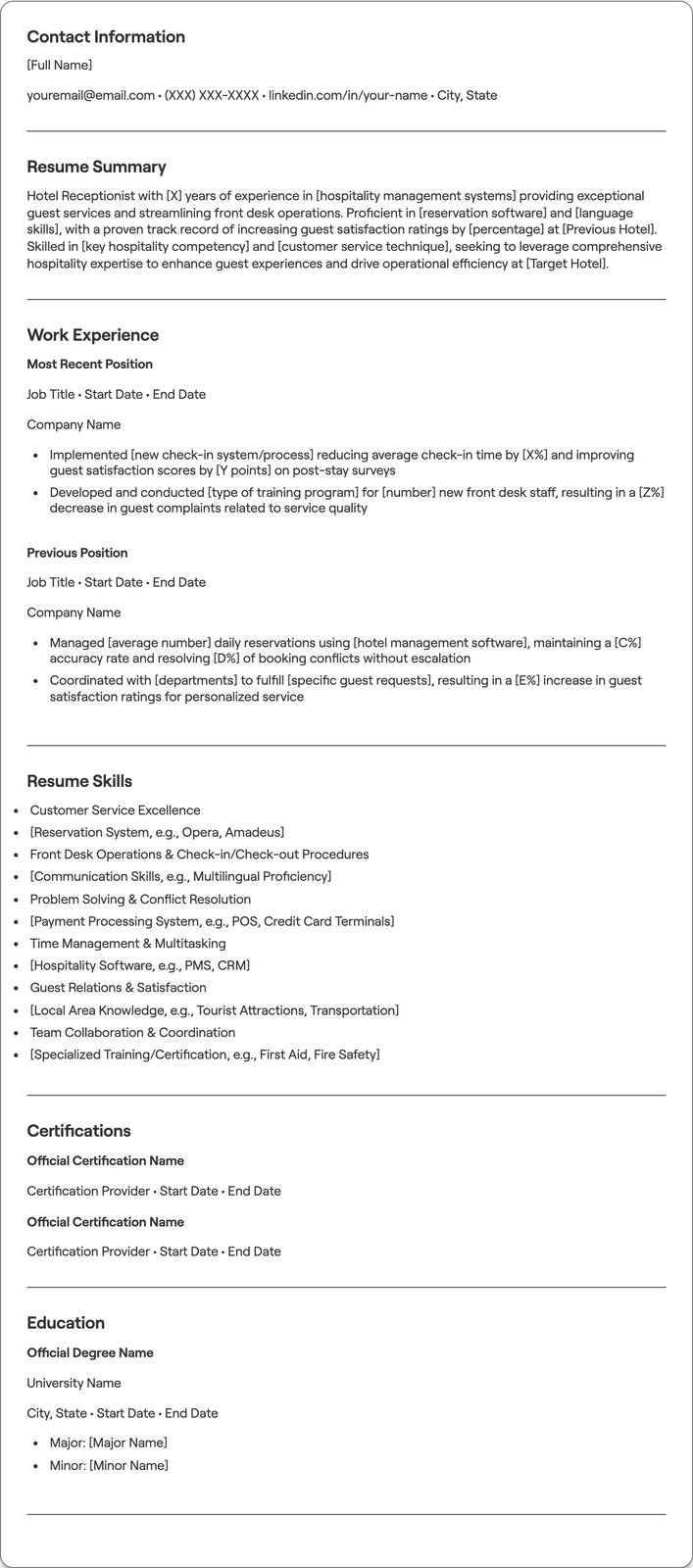 Hotel Receptionist resume example