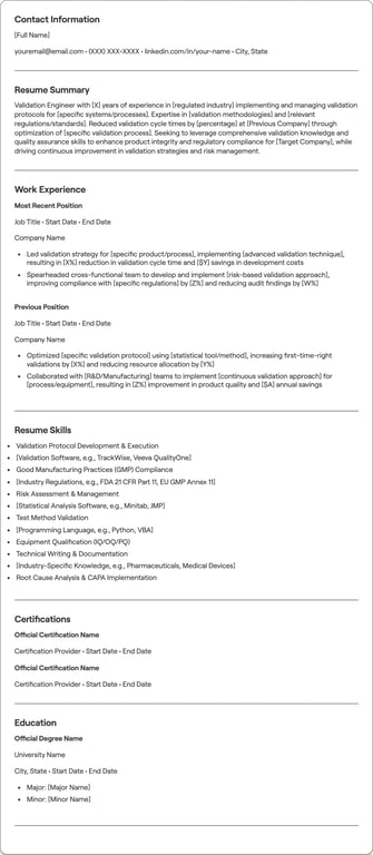 Validation Engineer resume preview