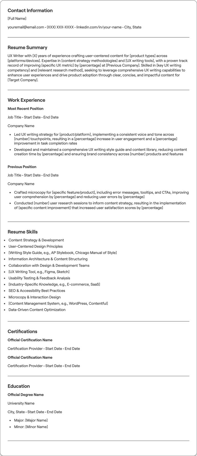 UX Writer resume example