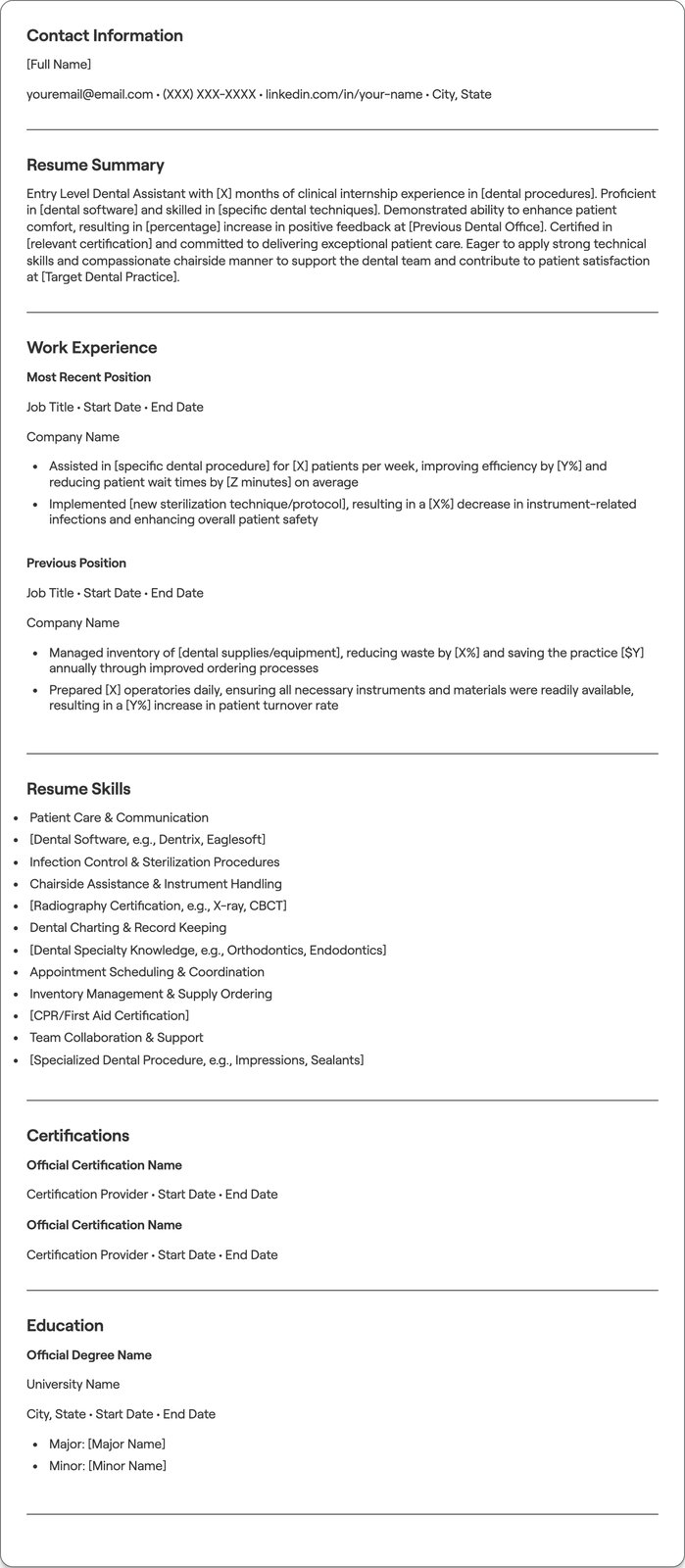 Entry Level Dental Assistant resume example