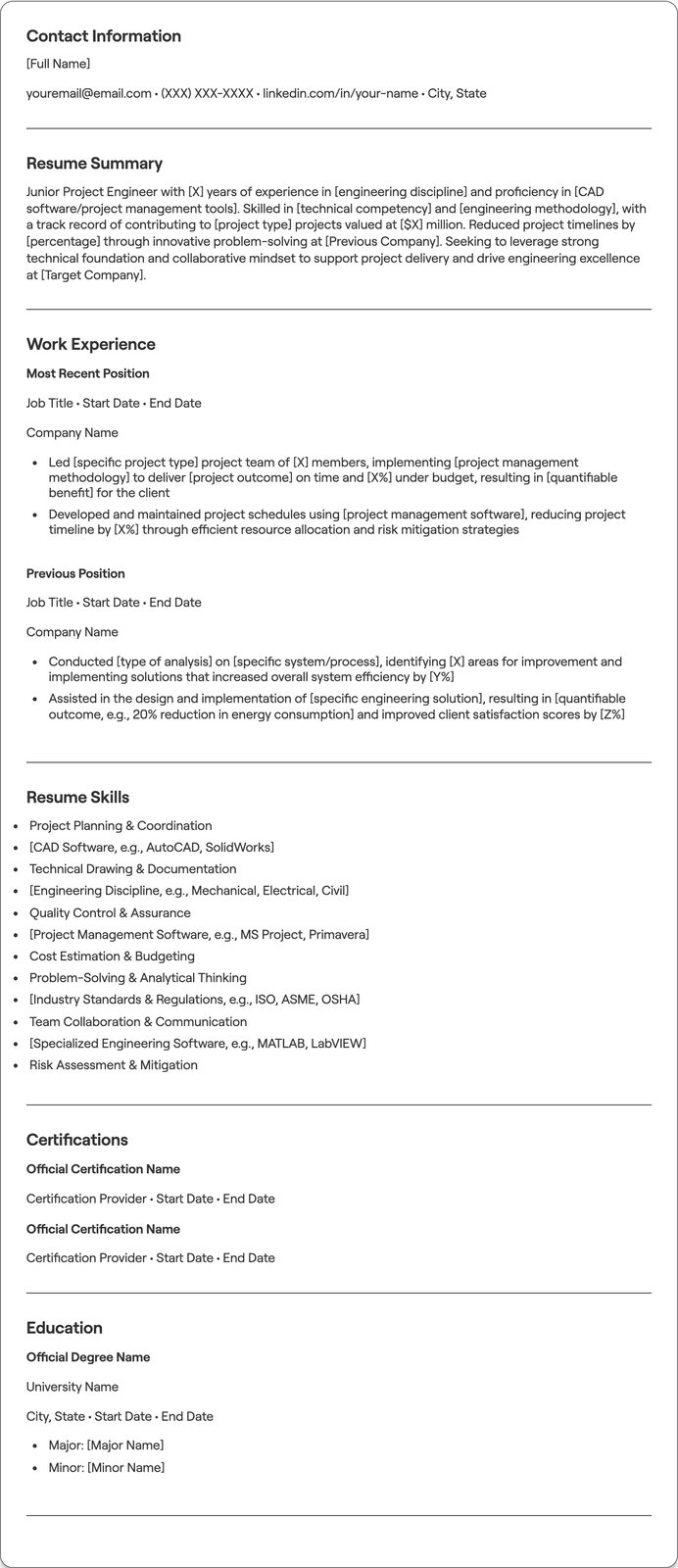 Junior Project Engineer resume example