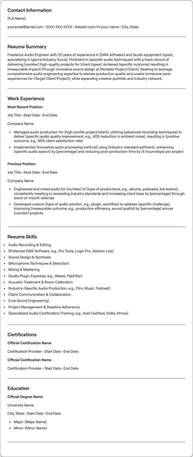 Freelance Audio Engineer resume example