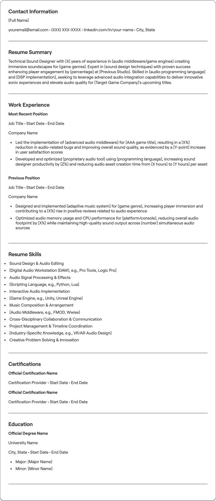 Technical Sound Designer resume example