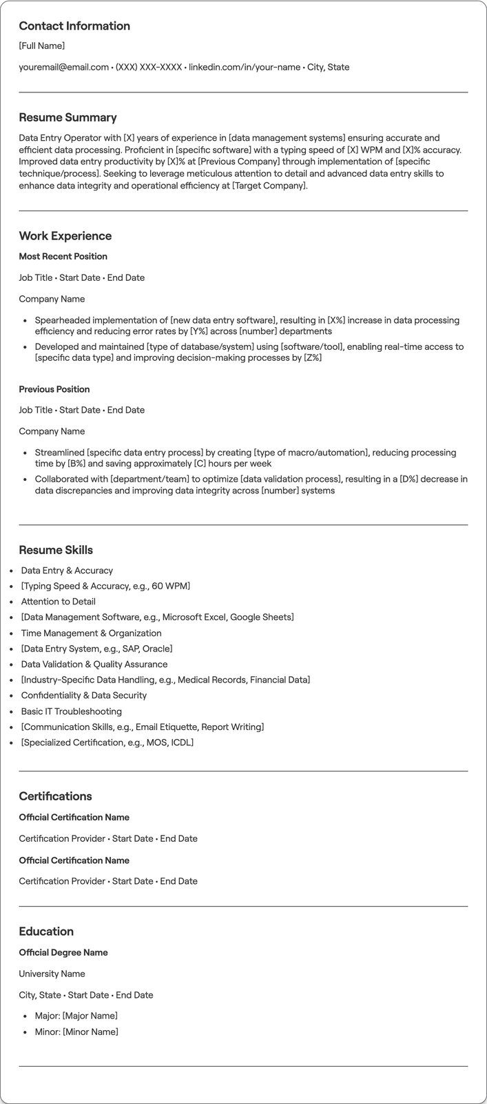 Data Entry Operator resume example