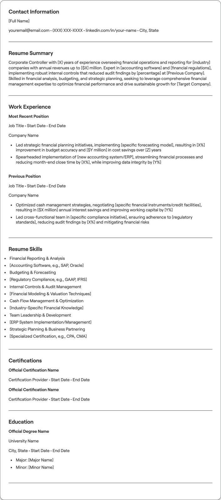 Corporate Controller resume example